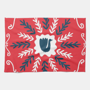 Folk Doodle Art Christmas Tile Tea Towel