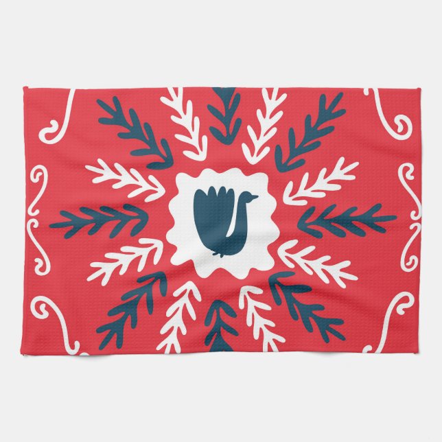 Folk Doodle Art Christmas Tile Tea Towel (Horizontal)