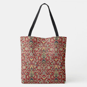 Folk Embroidery Yellow, Green, Black on Deep Red Tote Bag