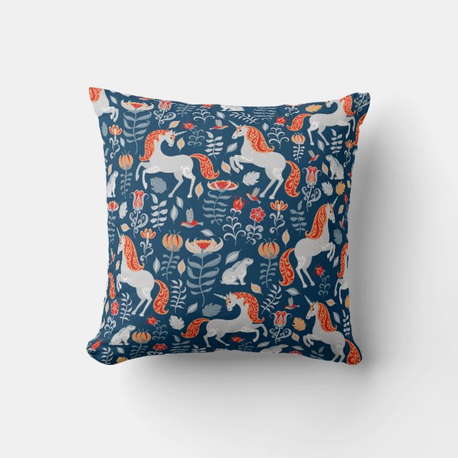 Folk Fantasy: Unicorns, Rabbits, Birds Cushion (Front)