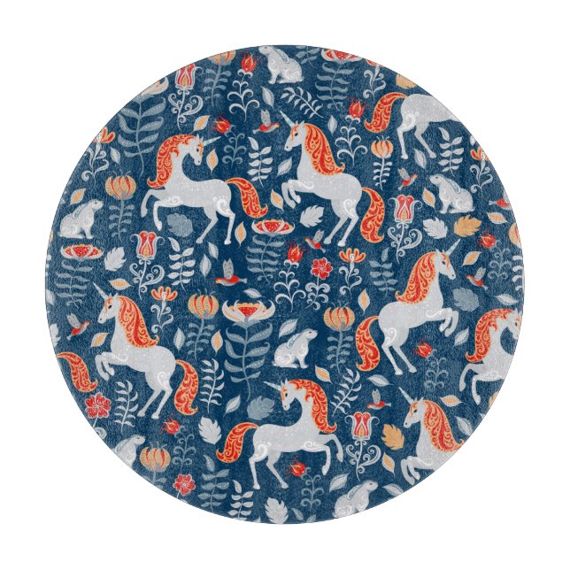 Folk Fantasy: Unicorns, Rabbits, Birds Cutting Board (Front)