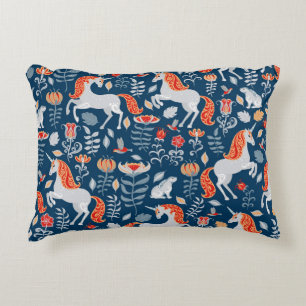 Folk Fantasy: Unicorns, Rabbits, Birds Decorative Cushion
