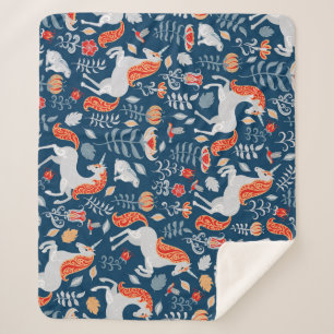 Folk Fantasy: Unicorns, Rabbits, Birds Sherpa Blanket