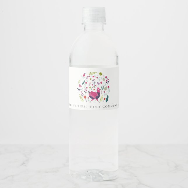 Folk Farm Floral Birdie First Holy Communion Water Bottle Label (Front)
