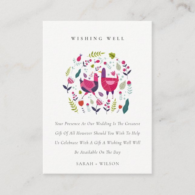 Folk Farm Floral Love Birds Wedding Wishing Well  Enclosure Card (Front)