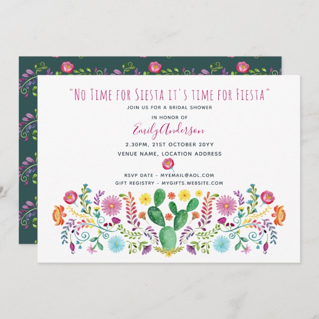 Folk Fiesta Bridal Shower Invite Watercolor Cacti (Front/Back)