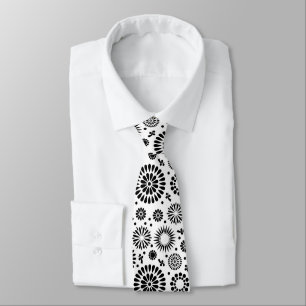 Folk Floral Black and White Flowers Boho Chic Tie