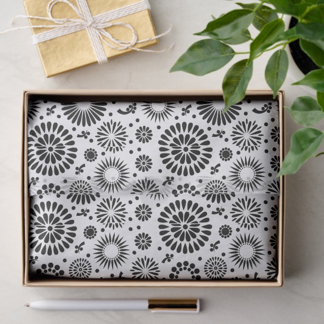 Folk Floral Black and White Flowers Boho Chic Tissue Paper (Gift)
