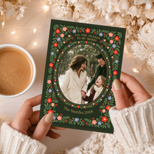 Folk Floral Christmas Photo Holiday Card