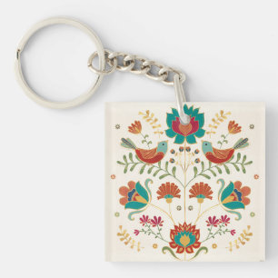 Folk Floral With Birds Key Ring