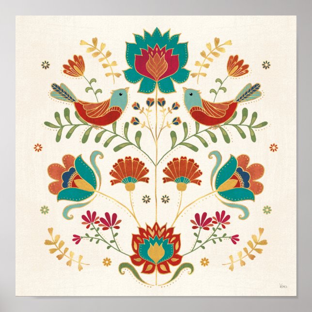 Folk Floral With Birds Poster (Front)