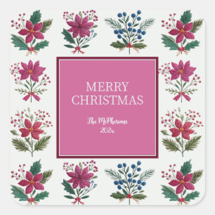 Folk Florals Christmas Square Sticker
