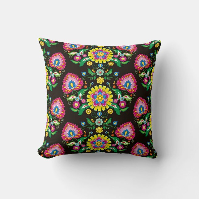 Folk flourish pattern: retro colourful tiles cushion (Front)