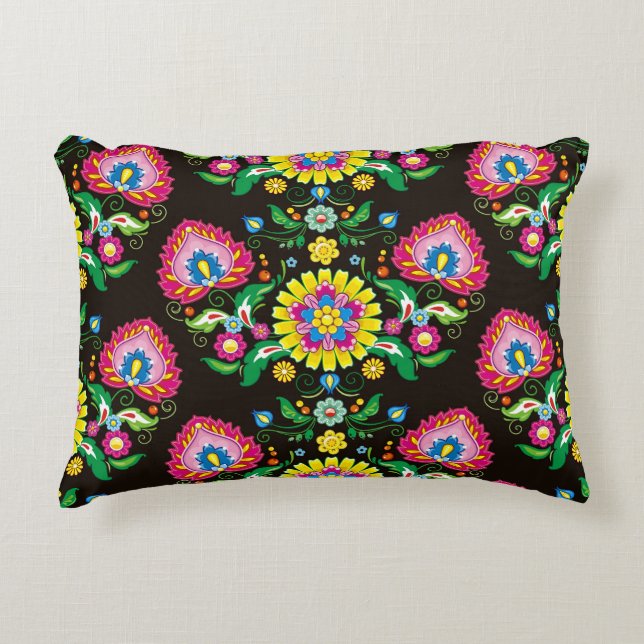 Folk flourish pattern: retro colourful tiles decorative cushion (Front)
