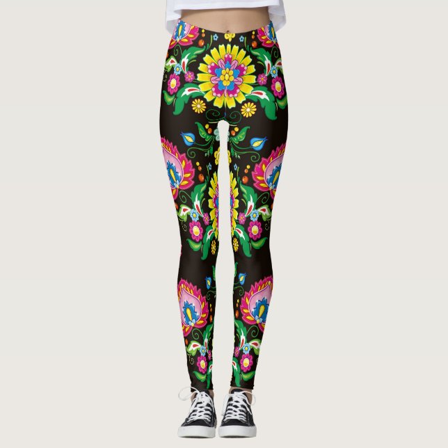 Folk flourish pattern: retro colourful tiles leggings (Front)