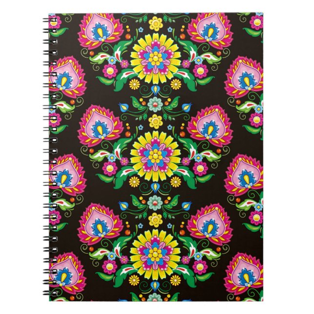 Folk flourish pattern: retro colourful tiles notebook (Front)