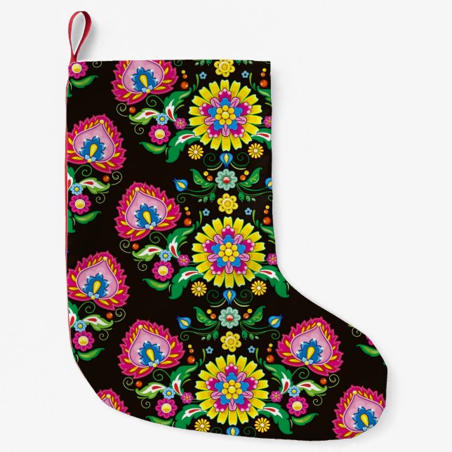 Folk flourish pattern: retro colourful tiles small christmas stocking (Front)