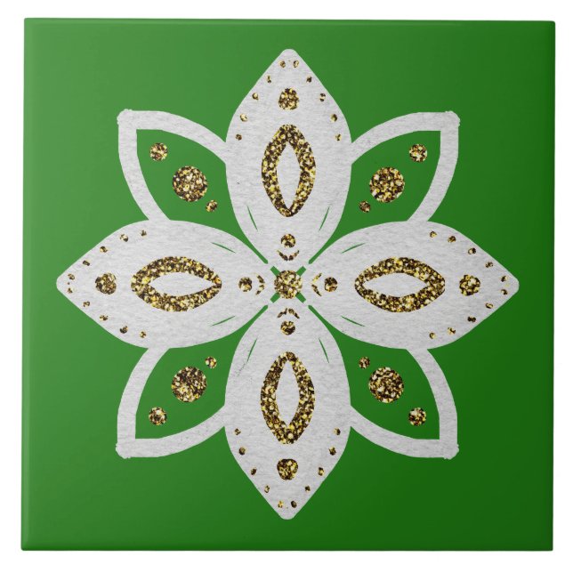 folk flower 1 green and white tile (Front)