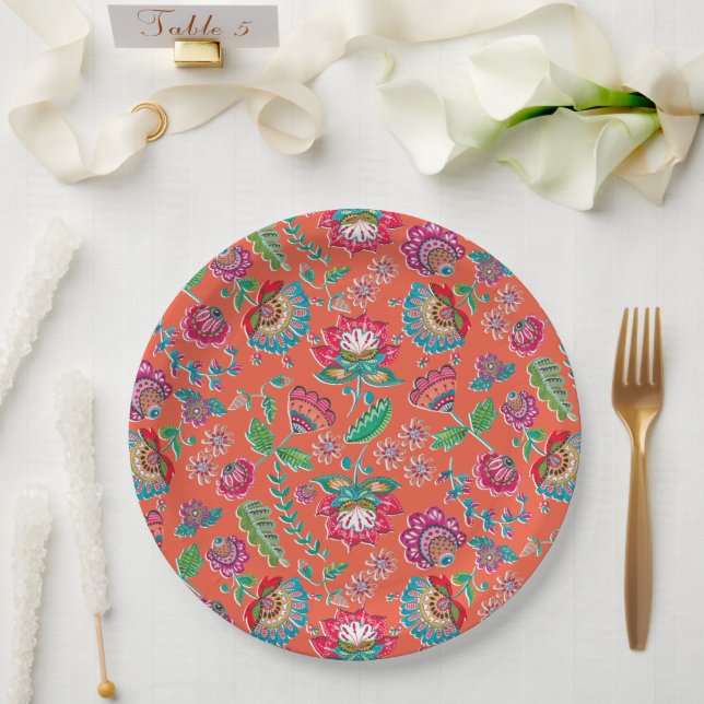 Folk flower bright orange floral pattern wedding paper plate (Wedding)