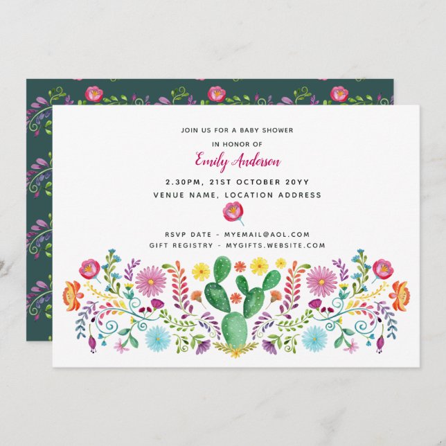 Folk Flowers Baby Shower Invites Watercolor Cacti (Front/Back)