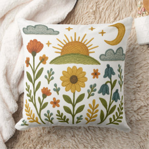 Folk Flowers Embroidered Look  Cushion