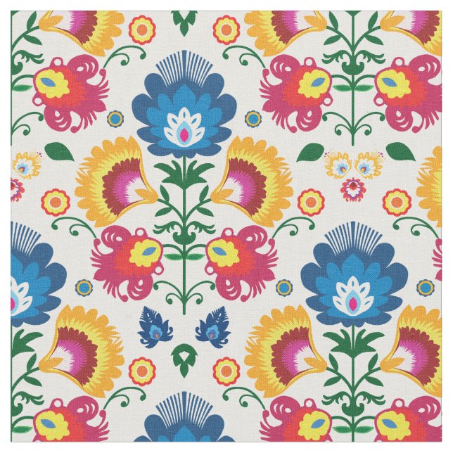 Folk flowers on white fabric (Close Up)
