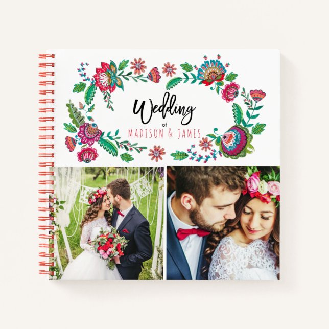 Folk Flowers Photo Collage Wedding Notebook (Front)