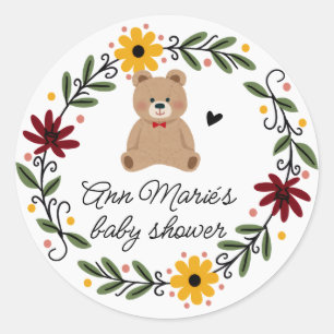 Folk Flowers Teddy Bear Baby Shower Classic Round Sticker