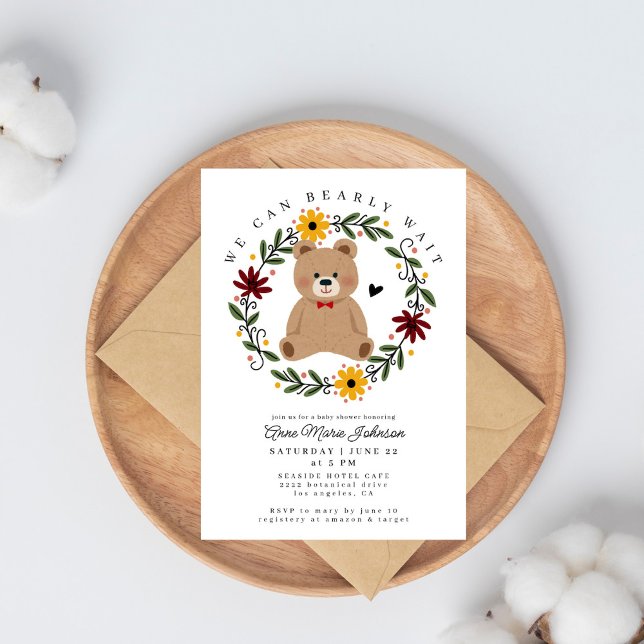 Folk Flowers Teddy Bear Bearly Wait Baby Shower  Invitation (Creator Uploaded)