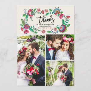 Folk Flowers Thank you Wedding 3 Photos Card