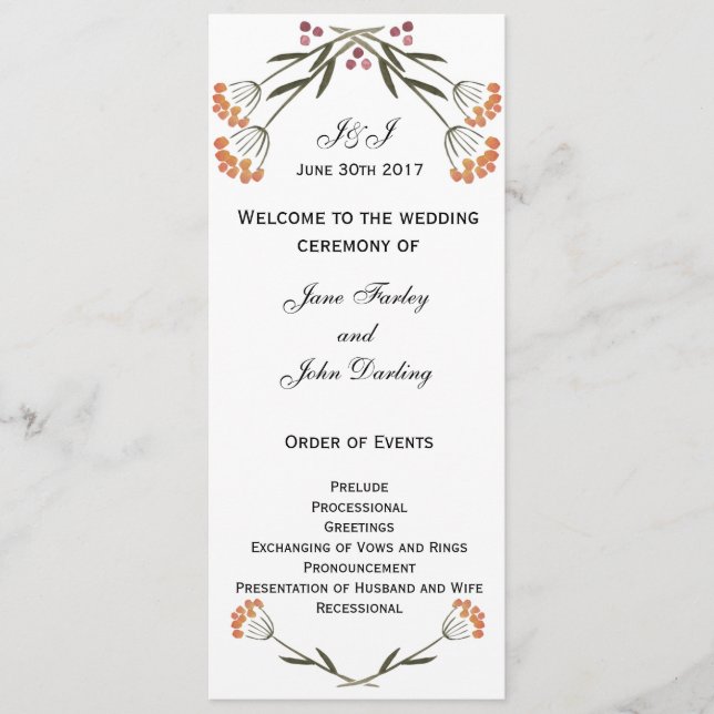 Folk Flowers Wedding Program Programme (Front)