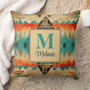 Folk Grunge Pattern Custom Name and Monogram Cushion