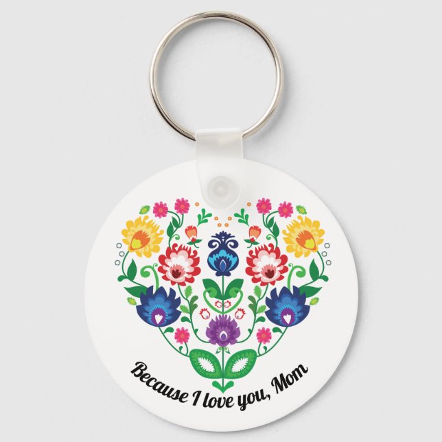 Folk heart with custom text , because I love you Key Ring (Front)