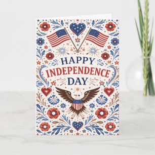 Folk Hearts of Freedom Happy Independence Day Holiday Card