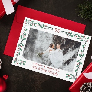 Folk Holly Frame Merry & Married Christmas Photo Holiday Card