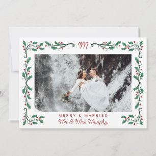 Folk Holly Frame Merry & Married Christmas Photo Holiday Card