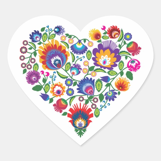 💜❤💓Folk inspired hearts, Heart Sticker (Front)