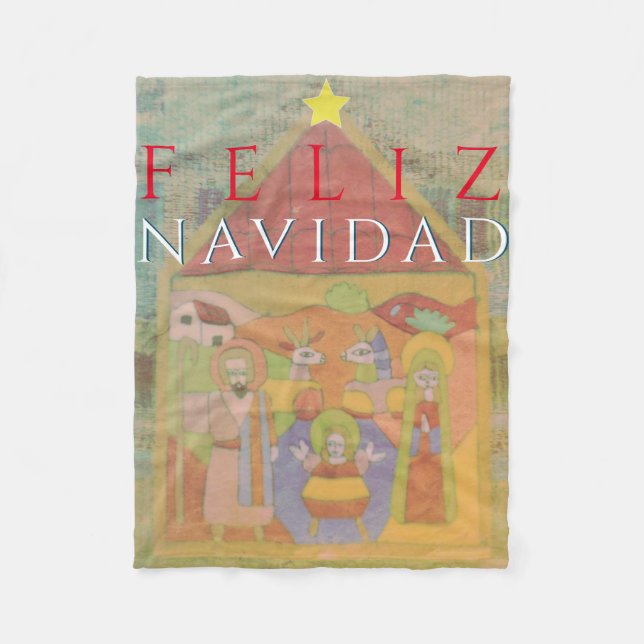 Folk Nativity Scene "Feliz Navidad" Fleece Blanket (Front)