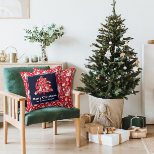 Folk Navy Red Christmas Tree Bunny Floral Cushion