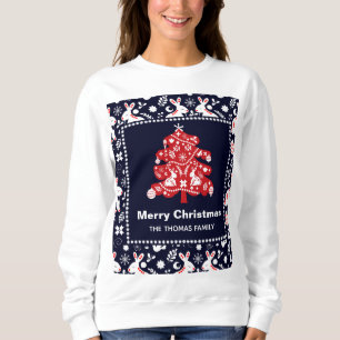 Folk Navy Red Christmas Tree Bunny Floral Sweatshirt