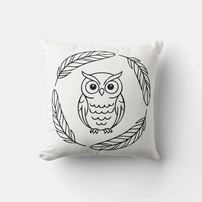 Folk Owl Line Art Surrounded by Feathers Cushion (Front)