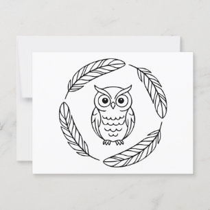 Folk Owl Line Art Surrounded by Feathers Postcard