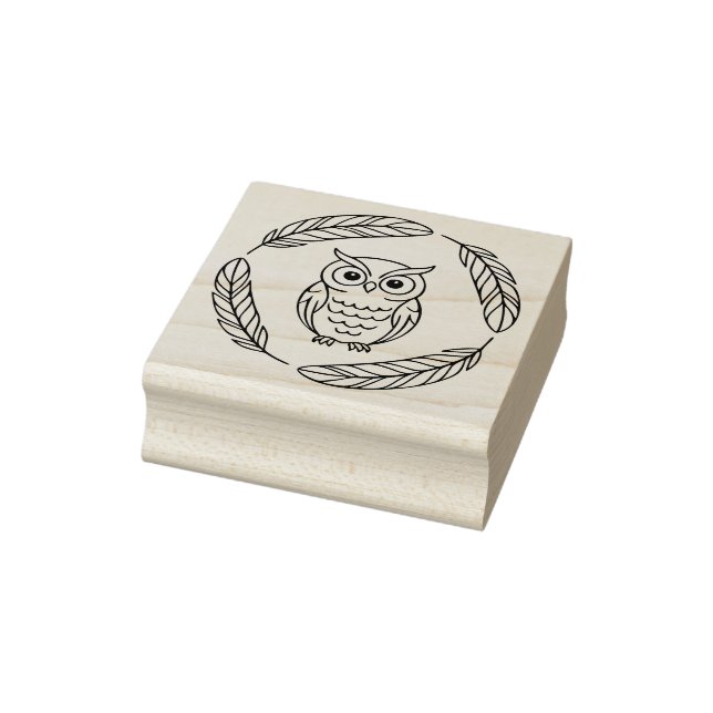 Folk Owl Line Art Surrounded by Feathers Rubber Stamp (Stamp)