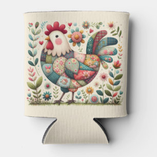 Folk Patchwork Rooster with Floral Accents Can Cooler