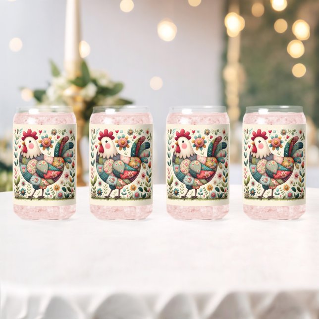 Folk Patchwork Rooster with Floral Accents Can Glass (Insitu (Wedding))