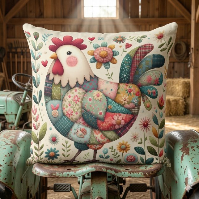 Folk Patchwork Rooster with Floral Accents Cushion (Folk Patchwork Rooster with Floral Accents Throw Pillow Mockup D)