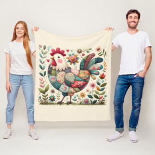 Folk Patchwork Rooster with Floral Accents Fleece Blanket