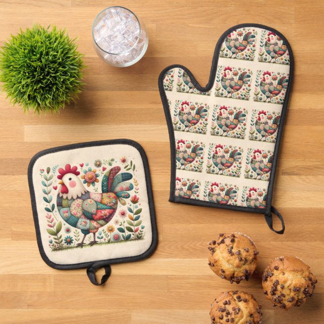 Folk Patchwork Rooster with Floral Accents Oven Mitt & Pot Holder Set (Top Down)