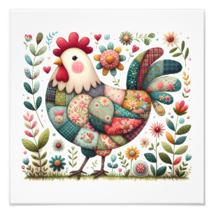 Folk Patchwork Rooster with Floral Accents Photo Print