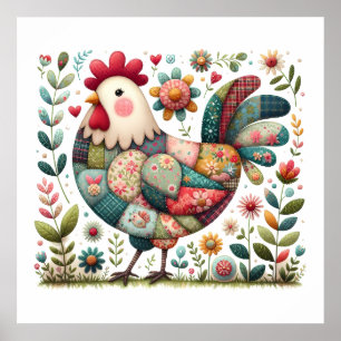 Folk Patchwork Rooster with Floral Accents Poster